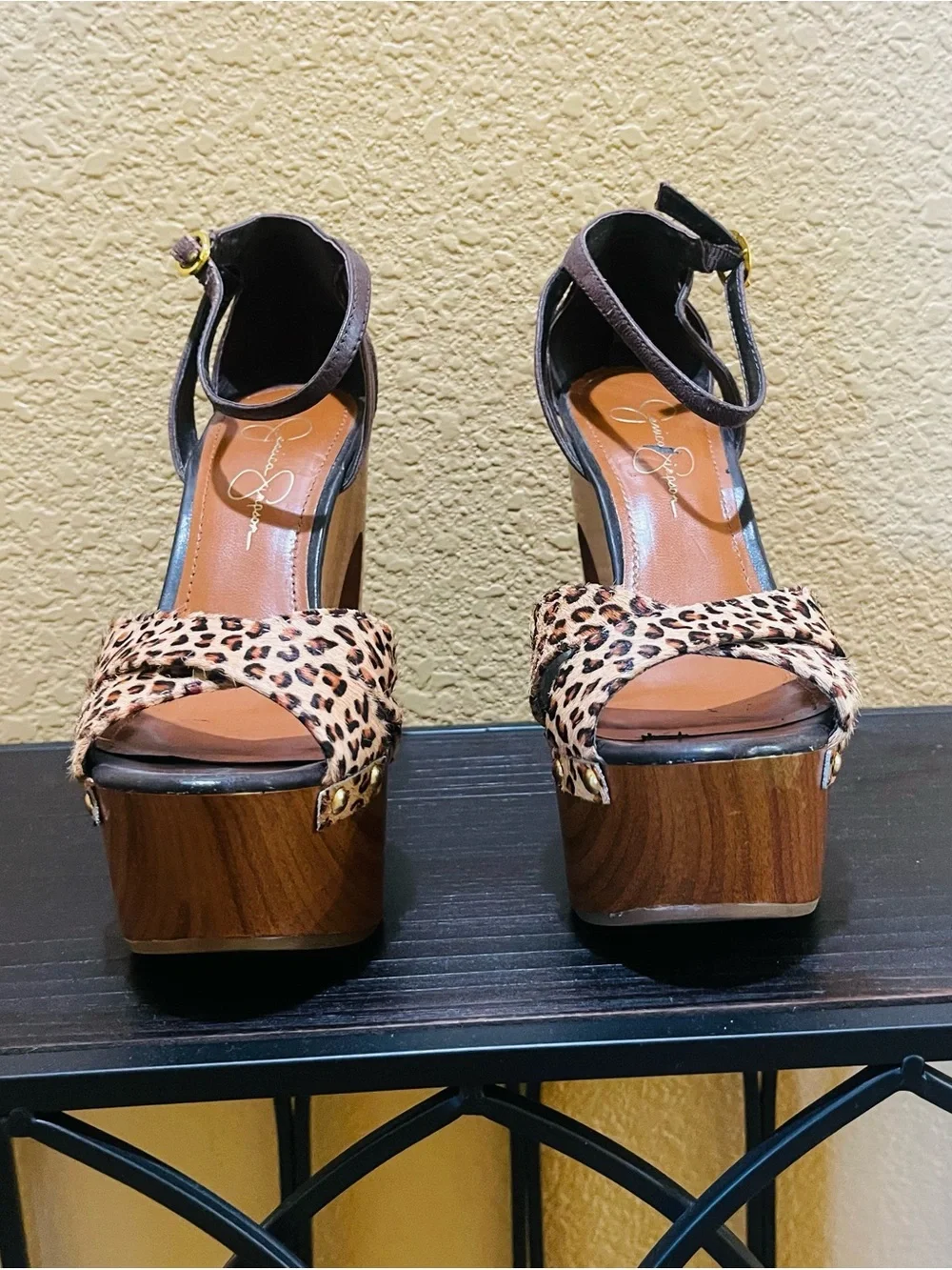 Jessica Simpson Leopard Print Platform Sandals with Black Ankle Straps